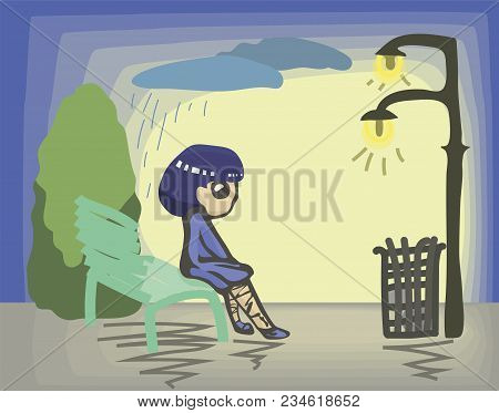 Sad Painted Girl In Blue Dress And Shoes Sitting On Green Bench In Park Under Light Of Lanterns Draw