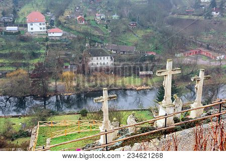 Aerial view of the Thaya river bank as viewed from the observation platform near the Calvary Cross. Town of Znojmo, Czech Republic, South Moravia, Europe.