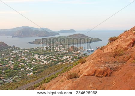 View Of The Vulcanello Peninsula. The Islands Of Lipari, Italy.