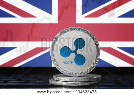 Ripple (xrp) Cryptocurrency; Physical Concept Ripple Coin On The Background Of The Flag Of United Ki