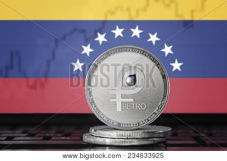 Petro (ptr) National Venezuela Cryptocurrency; Coin El Petro On The Background Of The Flag Of Venezu