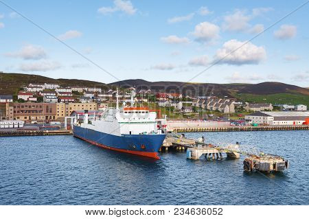 Ship Transport Docking In Pier In Lerwick Town, Shetland