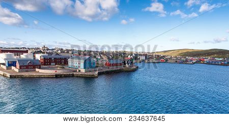 Panorama View Of Lerwick Town Center Under Blue Sky