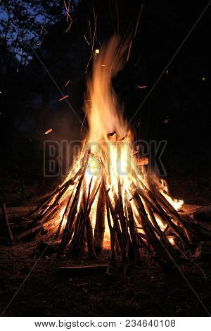 Campfire In The Darkness Of The Night. Boyscout Camp.