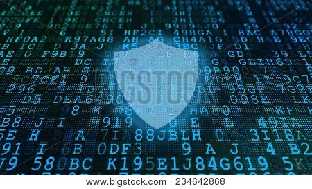 An Impressive 3d Rendering Of A Computer Screen With Blue Encrypted Texts And Formulas. A Big Transp