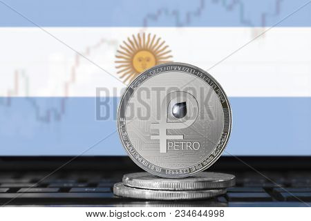 Petro (ptr) Cryptocurrency; Coin El Petro On The Background Of The Flag Of Argentina; National Venez