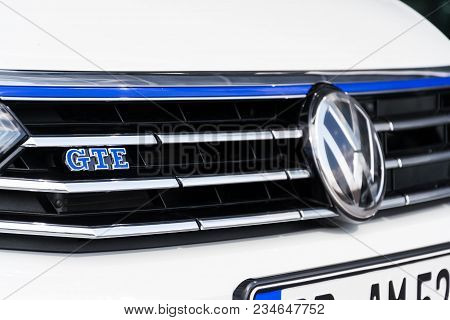 Dresden, Germany - April 2 2018: Plug-in Hybrid Electric Car Volkswagen Golf Gte Stands By Charging 