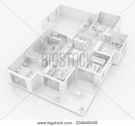 Mock Up Of Furnished Home Apartment, Paper Model, 3d Illustration