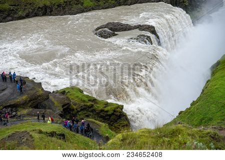 Gullfoss Waterfall, Iceland - July 19, 2017: Gullfoss,  Most Spectacular Waterall, Two Cascades On T
