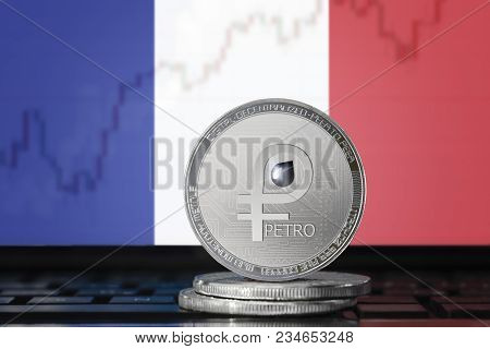 Petro (ptr) Cryptocurrency; Coin El Petro On The Background Of The Flag Of France (french Republic);