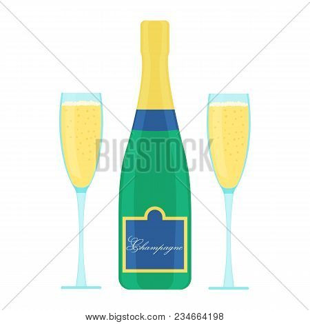 Bottle Of Champagne And Glasses. Party Or Romantic Evening Symbol. Vector Illustration