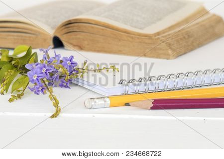 Dictionary English School Book For Study With Notebook On Table White