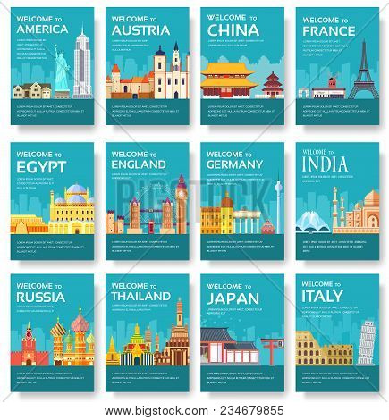 Country Cards Set. Travel Of The World. Layout Infographic Template Illustration Pages