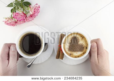 Two Cups Of Coffee On A White Background With Hands, Roses