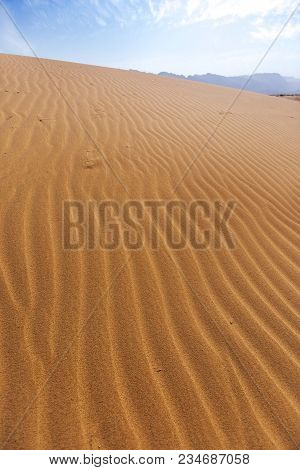 Sand Dune In The Wadi Araba Desert. Jordan Landscape