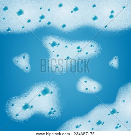 Abstract Bathing Blue Background With Sudsy Water And Realistic Soap Bubbles Vector Illustration