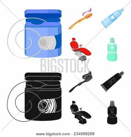 Dental Floss, Toothbrush, Toothpaste, Dental Chair. Dental Care Set Collection Icons In Cartoon, Bla