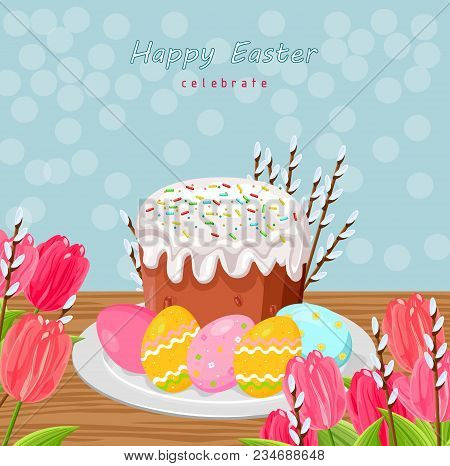 Easter Holiday Card With Eggs And Sweet Bread Vector Illustration