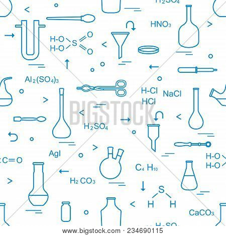 Pattern With Chemical, Biological, Scientific, Education And Research Elements: Flasks, Formulas, Be