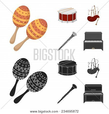 Maracas, Drum, Scottish Bagpipes, Clarinet. Musical Instruments Set Collection Icons In Cartoon, Bla
