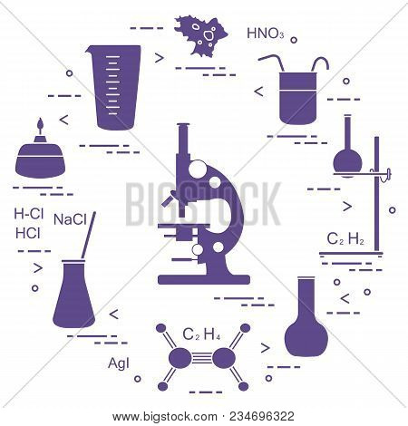 Chemistry Scientific, Education Elements: Microscope, Flasks, Tripod, Formulas, Beaker, Burner, Amoe