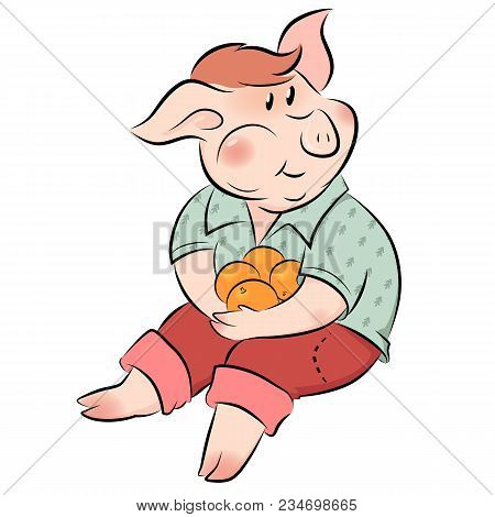 Little Pig Eating Oranges The Symbol Of New Year
