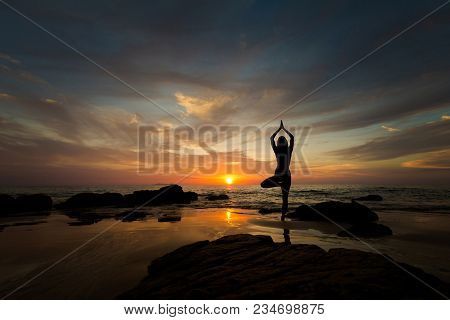 Tropical Summer Yoga Session On Beautiful Sunset Beach, Koh Kradan Island In Thailand. Vriksha Asana