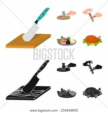 Cutlass On A Cutting Board, Hammer For Chops, Cooking Bacon, Eating Fish And Vegetables. Eating And 