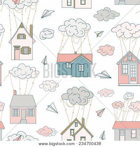 At Home Like Balloons. Houses Fly In The Clouds. The Clouds Are Harnessed. Flying Houses. Children S