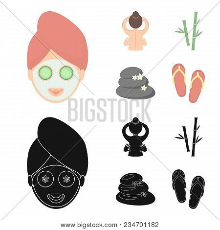 Face With A Cosmetic Mask With Cucumbers, Massage Hands, Bamboo, Stones With Lotus Flowers. Spa Set 