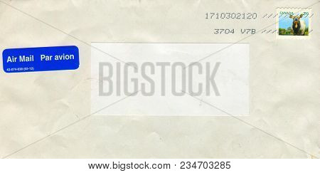 GOMEL, BELARUS - AUGUST 12, 2017: Old envelope which was dispatched from Canada to Gomel, Belarus, August 12, 2017. 