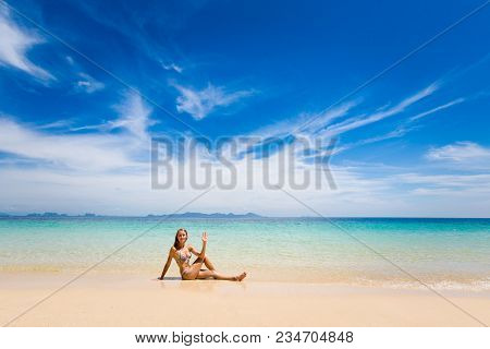 Tropical Summer Yoga Session On Beautiful Sunset Beach, Koh Kradan Island In Thailand. Vriksha Asana