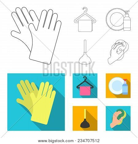 Cleaning And Maid Outline, Flat Icons In Set Collection For Design. Equipment For Cleaning Vector Sy