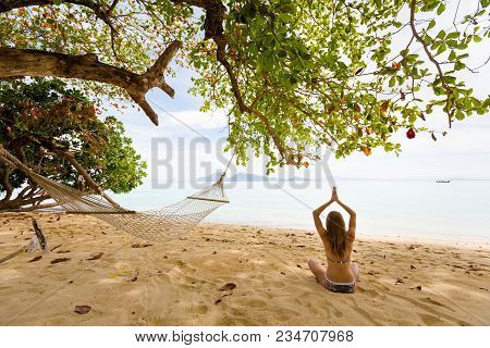 Tropical Summer Yoga Session On Beautiful Sunset Beach, Koh Kradan Island In Thailand. Vriksha Asana
