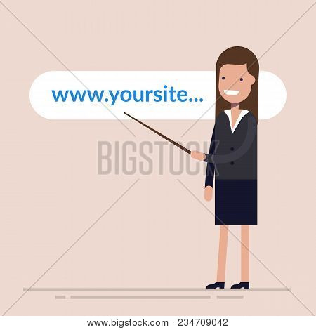 Happy Businesswoman Or Manager Shows A Pointer To The Website Address. Address Line Of Your Store Or