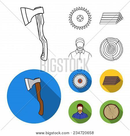 Circular Saw, A Working Carpenter, A Stack Of Logs. A Sawmill And Timber Set Collection Icons In Out