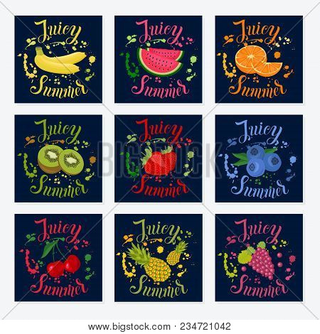 Juicy Summer Inscription On The Background With Splashes. Vector Illustration With Summer Fruit. Tre