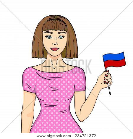 Object On White Background Young Beautiful Girl Holding A Flag Of The Republic Of Haiti. Comic Book 