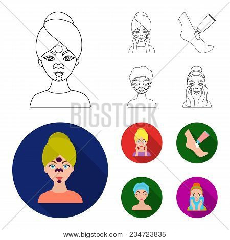 Face Care, Plastic Surgery, Face Wiping, Moisturizing The Feet. Skin Care Set Collection Icons In Ou