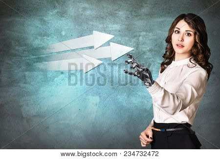 Young Business Woman With Robot Hand Point On Arrows. Hand Prosthesis Concept. 3d Rendering