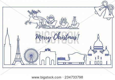 Santa Claus With Christmas Presents In Sleigh With Reindeers Over Famous Buildings And Constructions