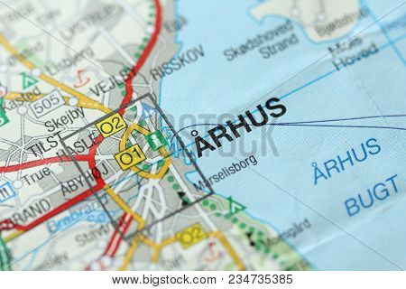 Arhus. Kongeriget Danmark. A Paper Map And Roads On The Map.