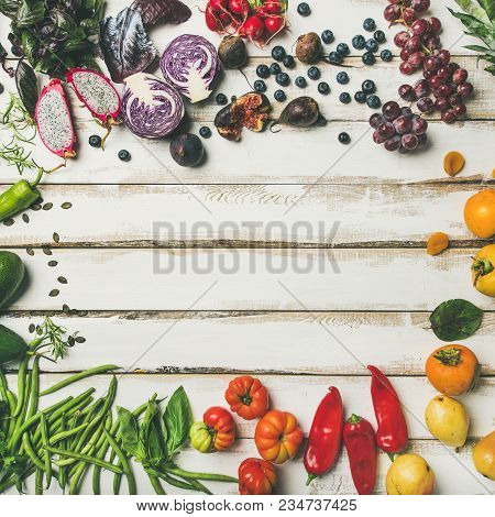 Helathy Raw Vegan Food Cooking Background. Flat-lay Of Fresh Fruit, Vegetables, Greens And Superfood