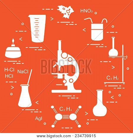 Chemistry Scientific, Education Elements: Microscope, Flasks, Tripod, Formulas, Beaker, Burner, Amoe