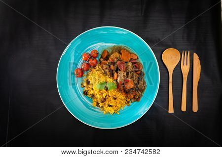 Kefta Tagine Moroccan Meatballs Served With Semolina and Vegetables 