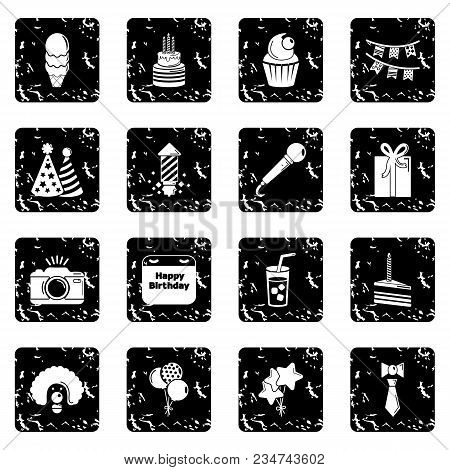 Happy Birthday Icons Set Vector Grunge Isolated On White Background