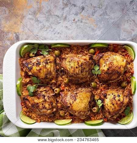 Arroz Con Pollo, Seared Chicken With Spanish Rice And Olives