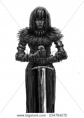 Girl Warrior With Big Sword. Glory Knight. Genre Of Fantasy.