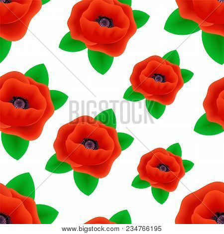 Seamless Pattern Of Realistic Poppy Flowers. 3d Red Poppies With Leaves On A White Background. Brigh