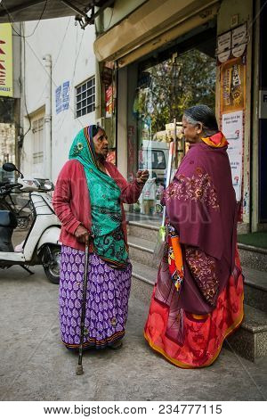 Jaipur, India - January 11, 2018: Indian Elderly Womans Talking On The Street